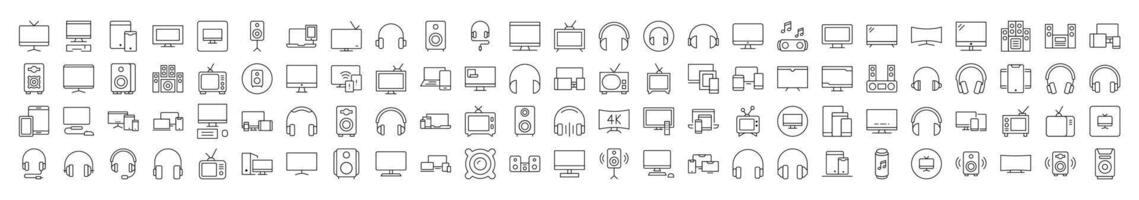 Set of Line Icons of Tv Set, Speaker, Headset, Computer. Editable Stroke. Minimalistic Linear Pictogram for Design of Cards, Apps, Banners, Posts vector