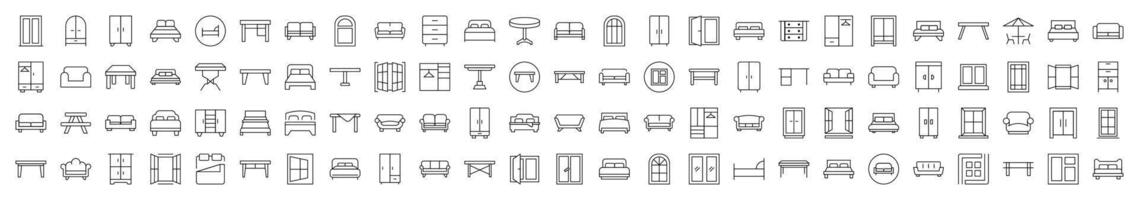 Furniture, Dresser, Couch, Sofa, Table, Window Thin Line Icon Set. Editable Stroke. Suitable for Banners, Cards, Social Networks, Apps vector
