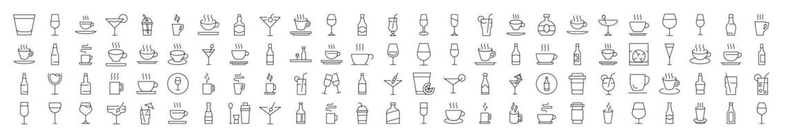 Bundle of Line Icons of Coffee, Soft Drinks, Alcoholic Beverages. Editable Stroke. Minimalistic Linear Pictogram for Design of Cards, Apps, Banners, Posts vector