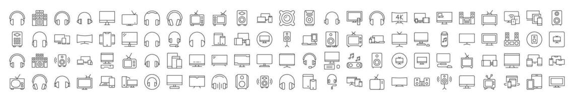 Simple Linear Icon of Tv Set, Speaker, Headset, Computer. Editable Stroke. Minimalistic Linear Pictogram for Design of Cards, Apps, Banners, Posts vector