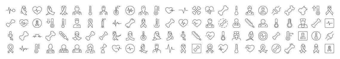 Medicine Line Icon Set. Contains Icons of Pink Ribbon, Thermometer, Bone, Doctor, Ill, Cardiogram that Can Be Used for Design of Cards, Posts, Apps, Web Sites vector