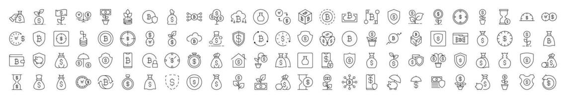 Line Icon Set of Insurance and Money Savings. Contains Icons of Dollar, Shield, Bag, Wallet that Can Be Used for Design of Cards, Posts, Apps, Web Sites vector