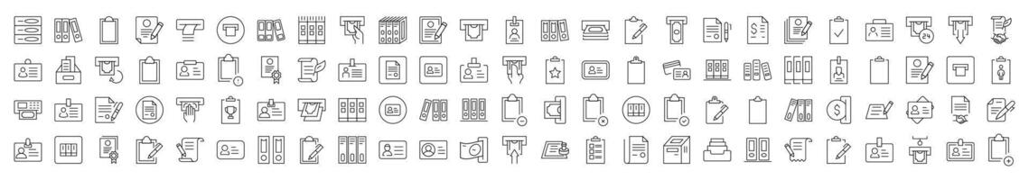 Employee Badge, Documents, Clipboard, ID Card Outline Web Line Icons Collection. Editable Stroke. Minimalistic Linear Pictogram for Design of Cards, Apps, Banners, Posts vector