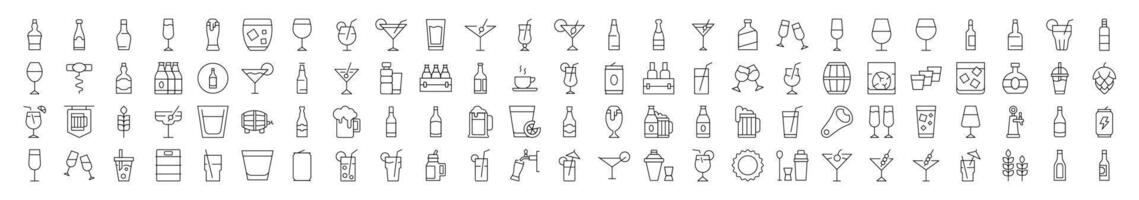 Pack of Beverage Related Line Icons. Editable Stroke for Design, Web Sites, Apps, Cards. Contains Linear Images of Beer, Coffee, Cocktail vector