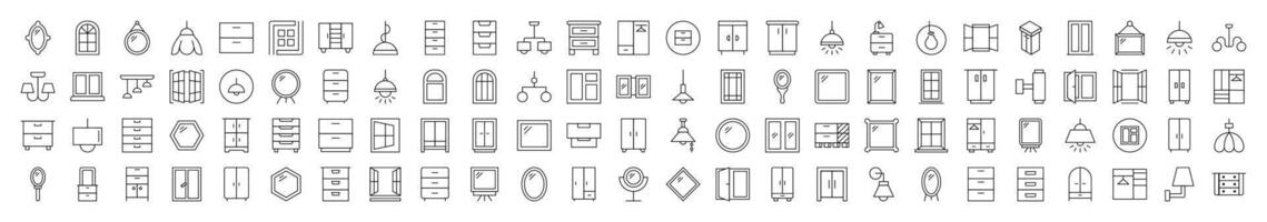 Window, Lamp, Mirror, Dresser, Chandelier Bundle of Thin Icons. Editable Stroke. Suitable for Web Sites, Books, Cards, Apps vector