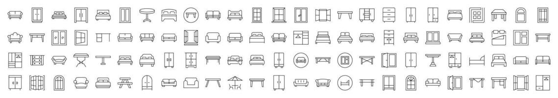 Furniture Line Icon Set. Modern Collection for Design, Web Sites, Apps, Cards. Contains Linear Images of Dresser, Couch, Sofa, Table, Window vector
