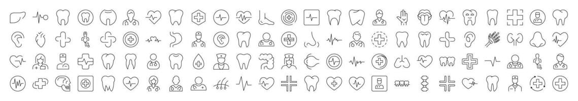 Bundle of Line Icons of Medical Cross, Doctor, Tooth, Internal Organs, Clinic. Editable Stroke. Minimalistic Linear Pictogram for Design of Cards, Apps, Banners, Posts vector