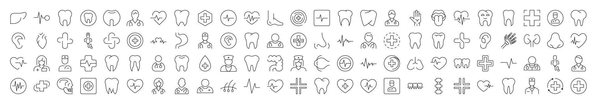 Bundle of Line Icons of Medical Cross, Doctor, Tooth, Internal Organs, Clinic. Editable Stroke. Minimalistic Linear Pictogram for Design of Cards, Apps, Banners, Posts
