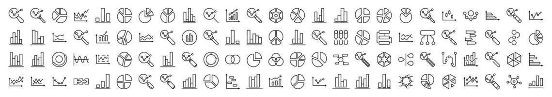 Magnifying Glass, Progress Bar, Pie Chart, Analytics Set of Thin Icons. Editable Stroke. Suitable for Web Sites, Books, Cards, Apps vector