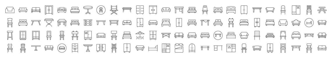 Couch, Sofa, Table, Chair Line Icon Bundle. Editable Stroke. Minimalistic Linear Pictogram for Design of Cards, Apps, Banners, Posts vector
