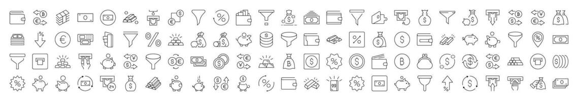 Money Exchange, Currency, Wallet, Bank, Funnel Related Line Icons for Web Sites, Books, Cards, Apps. Editable Stroke. Suitable for Web Sites, Books, Cards, Apps vector
