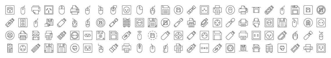 Minimalistic Linear Illustrations of Gadgets. Contains Icons of Icons of Outlet, Mouse, Memory Card, Printer that Can Be Used for Design of Cards, Posts, Apps, Web Sites vector