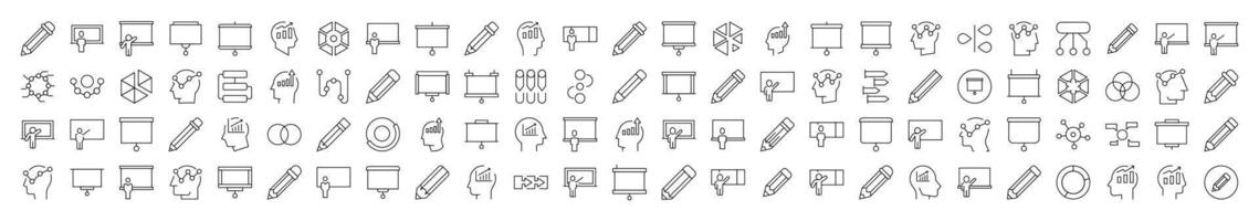 Presentation, Brainstorm, Pencil, Diagram Line Icon Pack. Editable Stroke. Minimalistic Linear Pictogram for Design of Cards, Apps, Banners, Posts vector