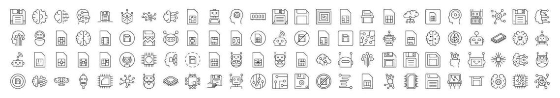 Technology Line Icon Set. Contains Icons of Brain, Chip, Robot, Artificial Intelligence that Can Be Used for Design of Cards, Posts, Apps, Web Sites vector