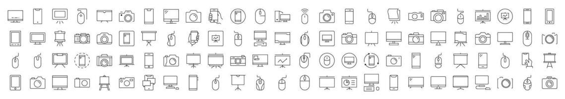 Pack of Devices Related Line Icons. Editable Stroke for Design, Web Sites, Apps, Cards. Contains Linear Images of Phone, Photo Camera, Computer Mouse and PC vector