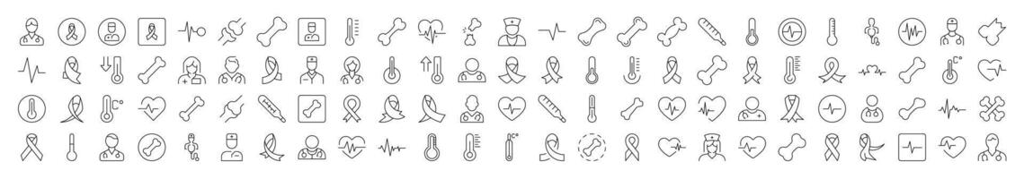 Medicine Icon Collection. Contains Icons of Pink Ribbon, Thermometer, Bone, Doctor, Ill, Cardiogram that Can Be Used for Design of Cards, Posts, Apps, Web Sites vector