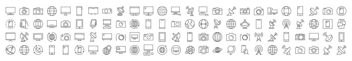 Set of Line Icons of Photo Camera, Globe, Computer, Radio Locator, Phone. Editable Stroke. Minimalistic Linear Pictogram for Design of Cards, Apps, Banners, Posts vector
