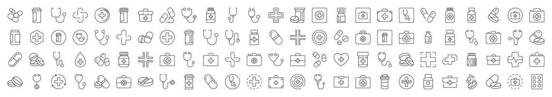 Pack of Health Care Related Line Icons. Editable Stroke for Design, Web Sites, Apps, Cards. Contains Linear Images of Medical Cross, Pills, Stethoscope, Suitcase vector