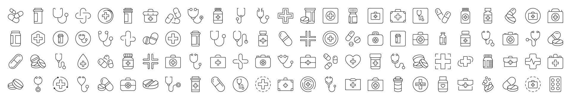 Pack of Health Care Related Line Icons. Editable Stroke for Design, Web Sites, Apps, Cards. Contains Linear Images of Medical Cross, Pills, Stethoscope, Suitcase