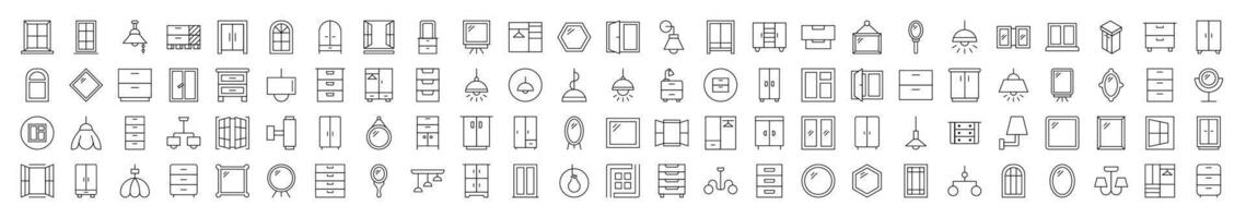 Window, Lamp, Mirror, Dresser, Chandelier Outline Simple Linear Image Collection. Editable Stroke. Suitable for Web Sites, Books, Cards, Apps vector