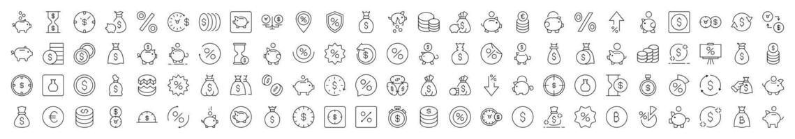 Piggy Bank, Dollar, Coin, Percent Line Icon Set. Editable Stroke. Minimalistic Linear Pictogram for Design of Cards, Apps, Banners, Posts vector