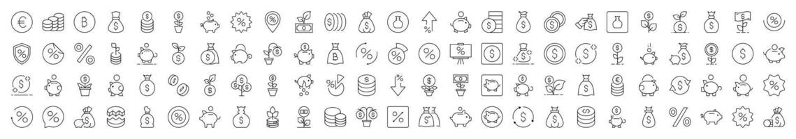 Finance Line Icon Pack. Modern Collection for Design, Web Sites, Apps, Cards. Contains Linear Images of Piggy Bank, Percent, Coin, Tree Money vector