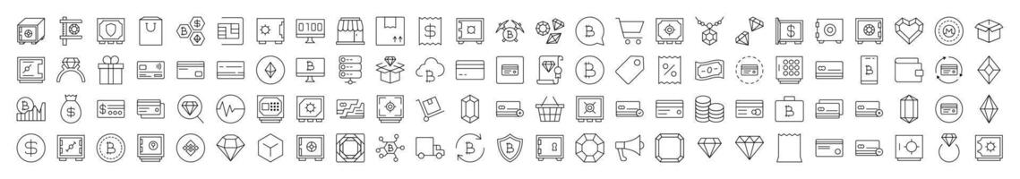 Pack of Banking and Money Related Line Icons. Editable Stroke for Design, Web Sites, Apps, Cards. Contains Linear Images of Shopping Cart, Bank, Diamond vector