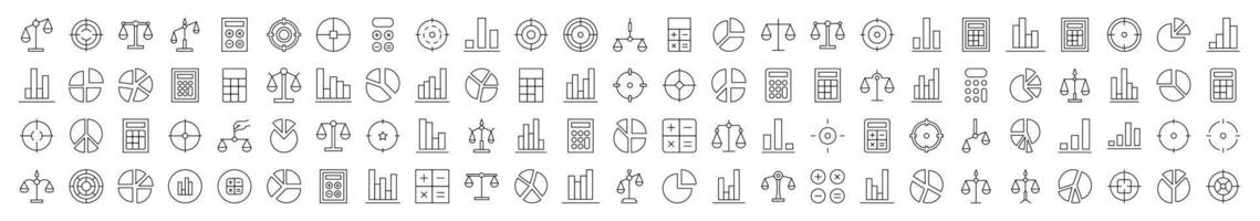 Scales, Target, Calculator, Diagram, Business Line Icon Collection. Editable Stroke. Minimalistic Linear Pictogram for Design of Cards, Apps, Banners, Posts vector