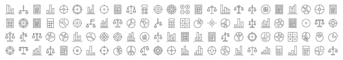 Scales, Target, Calculator, Diagram, Business Outline Web Line Icons Collection. Editable Stroke. Minimalistic Linear Pictogram for Design of Cards, Apps, Banners, Posts vector
