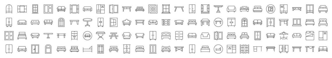 Furniture, Dresser, Couch, Sofa, Table, Window Outline Style Icons for Design, Cards, Apps, Social Networks vector