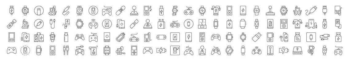 Joystick, Gamepad, Charger, Watch, Flash Card, USB Related Line Icons for Web Sites, Books, Cards, Apps. Editable Stroke. Suitable for Web Sites, Books, Cards, Apps vector