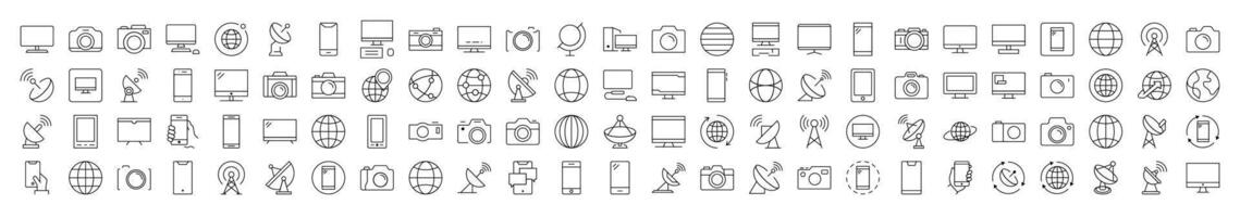 Photo Camera, Globe, Computer, Radio Locator, Phone Line Icon Bundle. Editable Stroke. Minimalistic Linear Pictogram for Design of Cards, Apps, Banners, Posts vector