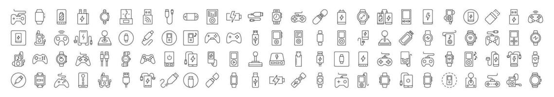 Joystick, Gamepad, Charger, Watch, Flash Card, USB Set of Thin Icons. Editable Stroke. Suitable for Web Sites, Books, Cards, Apps vector