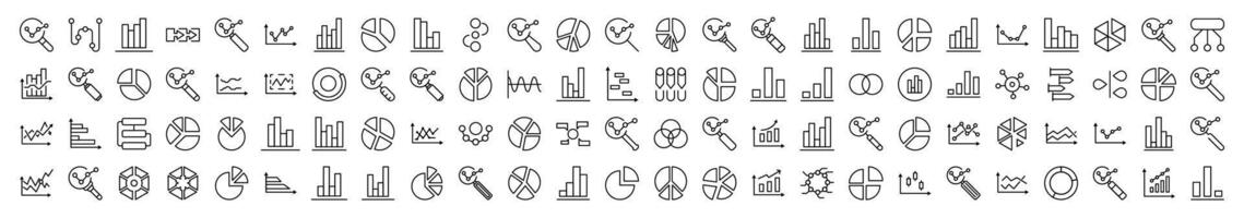 Magnifying Glass, Progress Bar, Pie Chart, Analytics Collection of Thin Icons. Editable Stroke. Suitable for Web Sites, Books, Cards, Apps vector