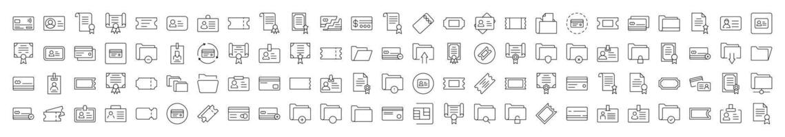 Documents Line Icon Set. Contains Icons of Documents, Cards, Awards, Folders, Badges that Can Be Used for Design of Cards, Posts, Apps, Web Sites vector