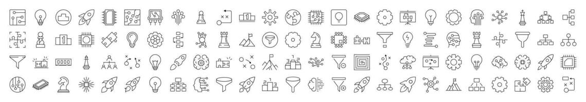 Line Icon Set of Data and Analytics. Contains Icons of Puzzle, Funnel, Gear, Cogwheel, Spaceship that Can Be Used for Design of Cards, Posts, Apps, Web Sites vector