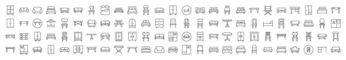 Pack of Line Icons of Couch, Sofa, Table, Chair. Editable Stroke. Minimalistic Linear Pictogram for Design of Cards, Apps, Banners, Posts vector