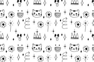 Hand drawn cute pattern with simple retro doodle elements. Repeatable scribble drawings vector