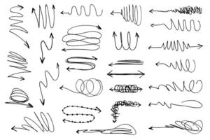 Set of hand drawn arrows with curvy lines. Colorful dry brush strokes with grunge. Hand drawn isolated wavy pointers. vector