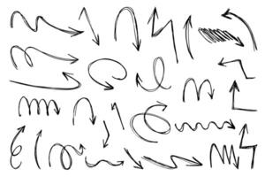 Set of hand drawn arrows with curvy lines. Colorful dry brush strokes with grunge. Hand drawn isolated wavy pointers. vector