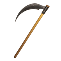 reapers scythe with a long curved blade and wooden handle on isolated background png