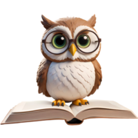 3d rendering owl cartoon character with glasses standing on open book png