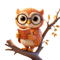 3d rendering owl cartoon character with glasses and holding open book sitting on branch png