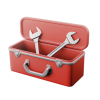 The image shows a cute red toolbox with two wrenches sticking out of it, transparent background, 3D render png