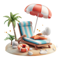Beach lounger with umbrella and palm trees, 3D rendering png