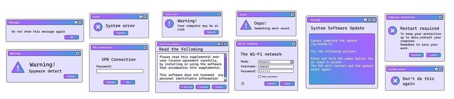 Set of error window message in old style with gradient. vector