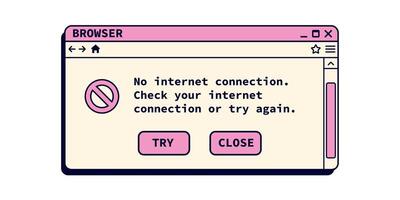 No internet connection window in retro style. vector
