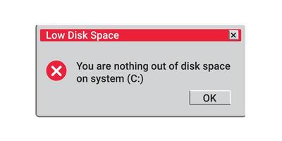 Low disk space message. Memory error in red colors. vector