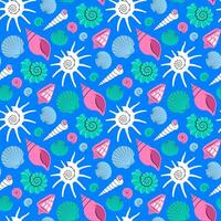 Colorful Seashell seamless pattern on blue background in modern flat style vector