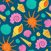 Colorful Sea shells seamless pattern on dark background in modern flat style vector